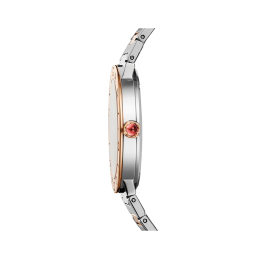 BVLGARI BVLGARI LADY watch with quartz movement, 33 mm 18 kt rose gold and stainless steel case, 18 kt rose gold crown set with a pink cabochon-cut stone, 18 kt rose gold bezel engraved with double logo, green satiné soleil lacquered dial, diamond indexes, stainless steel and 18 kt rose gold bracelet with folding buckle. Water-resistant up to 30 meters. 103202 image 3