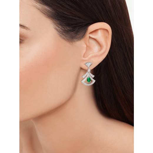 DIVAS' DREAM 18 kt white gold openwork earring set with pear-shaped emeralds, round brilliant-cut and pavé diamonds. 356956 image 5