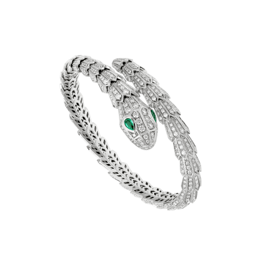 Serpenti 18 kt white gold bracelet set with pavé diamonds and two emerald eyes. BR858734 image 1