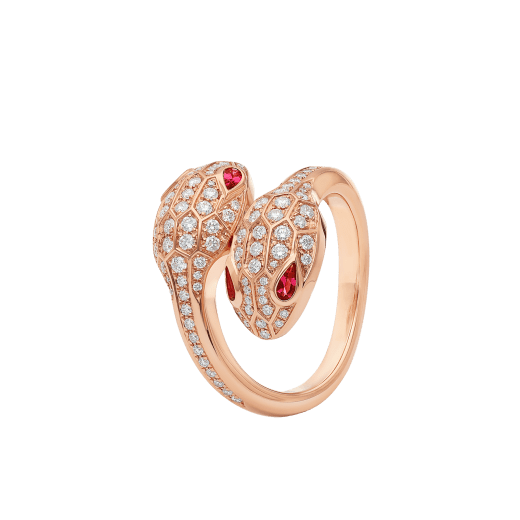 Serpenti Seduttori 18 kt rose gold double head ring set with rubellite eyes and pavé diamonds AN859033 image 1
