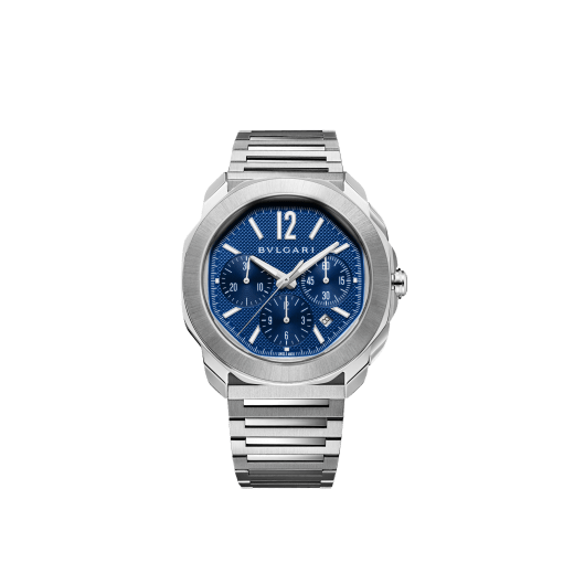 Octo Roma Chronograph watch with mechanical manufacture movement, automatic winding and chronograph functions, satin-brushed and polished stainless steel case and interchangeable bracelet, blue Clous de Paris dial. Water-resistant up to 100 meters. 103829 image 1
