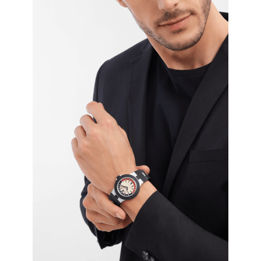 Bvlgari Aluminium GMT watch with mechanical movement, automatic winding, GMT 24h function, 40 mm aluminium case, black rubber bezel with double logo engraving, white dial, SLN indexes and hands, titanium caseback and black rubber bracelet. Water-resistant up to 100 metres 103963 image 1
