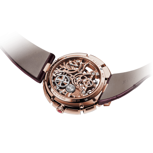 Serpenti Incantati Limited Edition watch with mechanical manufacture skeletonized movement, tourbillon and manual winding. 18 kt rose gold case set with brilliant cut diamonds, transparent dial and burgundy alligator bracelet. 102540 image 2