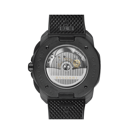 Octo Roma automatic watch with interchangeable black rubber strap and additional black alligator bracelet, stainless steel case with black DLC treatment and black Clous de Paris dial. Mechanical manufacture movement with automatic winding and chronograph. Water-resistant up to 100 metres 103932 image 4