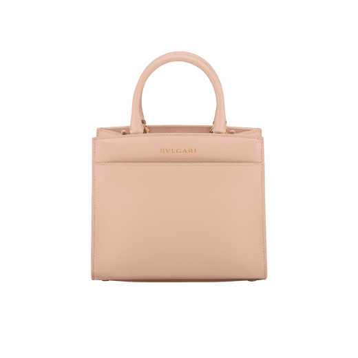 Bulgari Logo small tote bag in foggy opal grey smooth and grained calf leather with linen agate beige grosgrain lining. Iconic Bulgari logo decorative chain in light gold-plated brass, with hook fastening. BVL-1202SCLL image 3