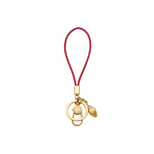 Serpenti Forever keyring in amaranth garnet red braided calf leather. Captivating snakehead charm in gold-plated brass, snap hook and key ring with double BULGARI logo. SERPENTIKEYRING image 1