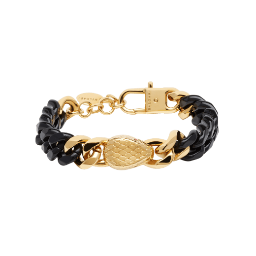 Serpenti Forever Maxi Chain bracelet in gold-plated brass with partial black enamel. Captivating snakehead embellishment with red enamel eyes in the middle, and adjustable closure. SERP-CHUNKYCHAINa image 2