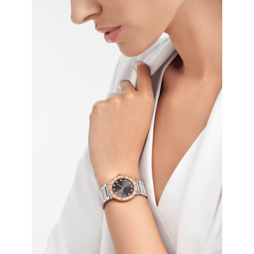 BVLGARI BVLGARI watch with polished and satin-brushed stainless steel case and bracelet, 18 kt rose gold bezel engraved with double logo, anthracite lacquered dial and 12 diamond indexes. Water-resistant up to 30 meters 103757 image 1