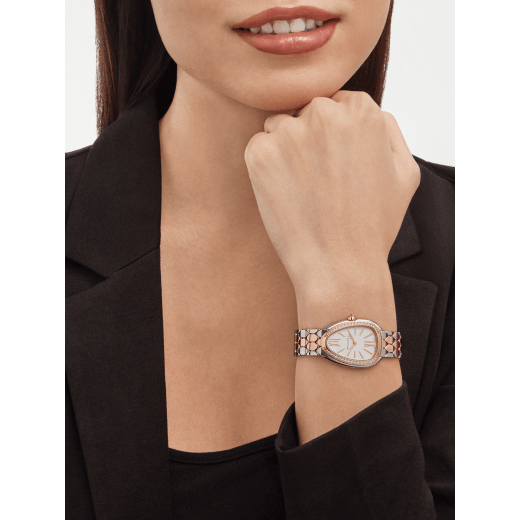 Serpenti Seduttori watch with stainless steel case, 18 kt rose gold bezel set with diamonds, white dial, and 18 kt rose gold and stainless steel bracelet 103945 image 2