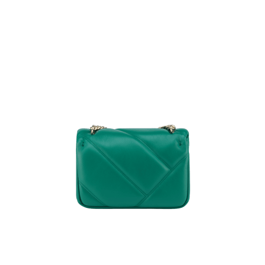 Serpenti Cabochon Maxi Chain mini crossbody bag in soft flash diamond calf leather with maxi graphic quilted motif and deep jade green nappa leather lining. Captivating snakehead magnetic closure in light gold-plated brass embellished with white mother-of-pearl scales and red enamel eyes. 1164-MSMb image 3