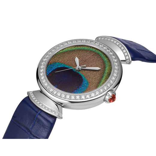 DIVAS' DREAM watch with mechanical manufacture movement, automatic winding, 18 kt white gold case, 18 kt white gold bezel and fan-shaped links both set with brilliant-cut diamonds, natural peacock feather dial and blue alligator bracelet 103263 image 3