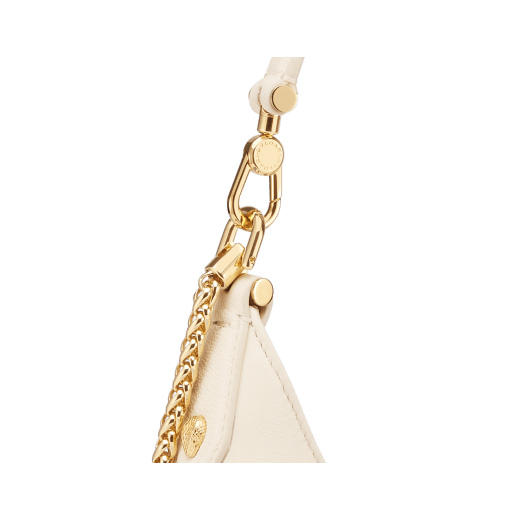 Serpenti Ellipse medium shoulder bag in Urban grain and smooth ivory opal calf leather with flamingo quartz pink gros grain lining. Captivating snakehead closure in gold-plated brass embellished with black onyx scales and red enamel eyes. 1190-UCL image 10