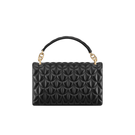 Serpenti Sugarloaf shoulder bag in black calf leather with a distinctive Calla Matelassé motif and black nappa leather lining. Captivating snakehead magnetic closure in gold-plated brass embellished with red enamel eyes. SCB-001-1295S-CALF image 2