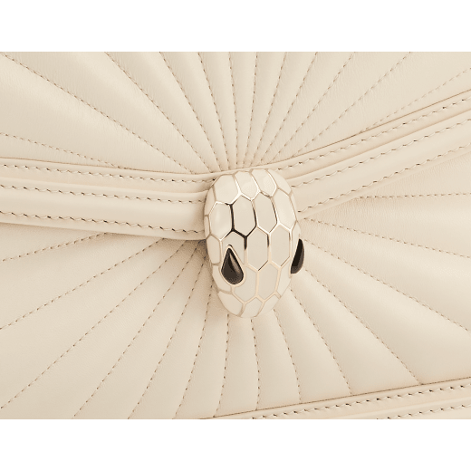 Serpenti Diamond Blast small shoulder bag in ivory opal Sunshine quilted nappa leather with black nappa leather lining. Captivating snakehead closure in light gold-plated brass embellished with matt and shiny ivory opal enamel scales and black onyx eyes. 922-SQ image 7
