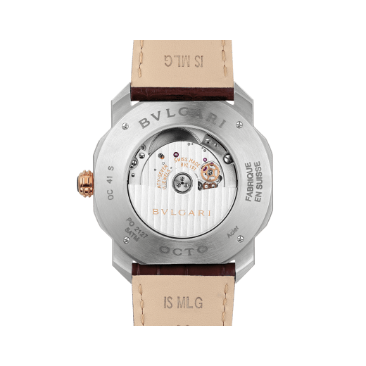 Octo Roma watch with mechanical manufacture movement, automatic winding, stainless steel case, dark brown lacquered dial and brown alligator bracelet. 102705 image 4