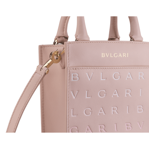 Bulgari Logo mini tote bag in ivory opal calf leather with hot-stamped Infinitum pattern on the front and black grosgrain lining. Light gold-plated brass hardware. BVL-1228S-ICLb image 5