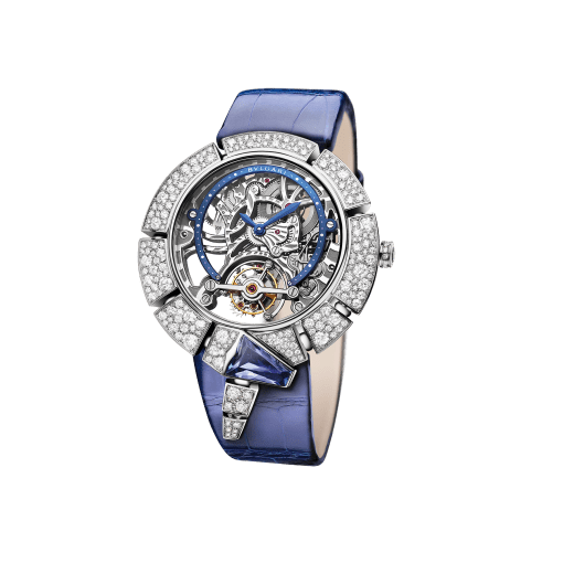 Serpenti Incantati Tourbillon watch with manufacture mechanical skeletonized movement, manual winding, 18 kt white gold case set with brilliant cut diamonds and a tanzanite, transparent dial and blue alligator bracelet. 102723 image 2