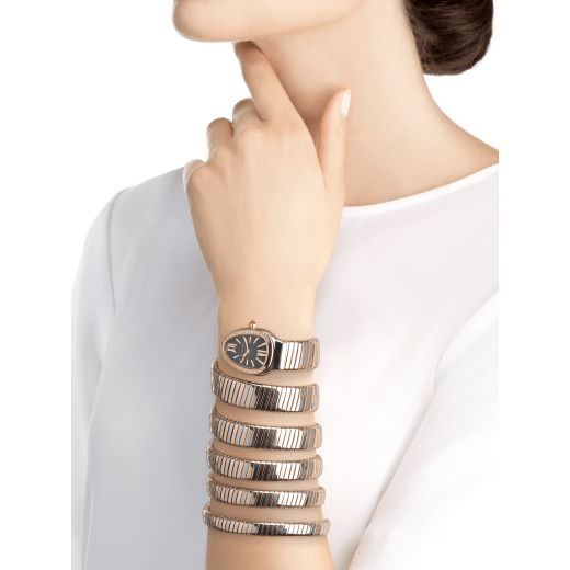 Serpenti Tubogas seven-spiral watch with stainless steel case, 18 kt rose gold bezel set with brilliant cut diamonds, black lacquered dial, 18 kt rose gold and stainless steel bracelet. 102621 image 2