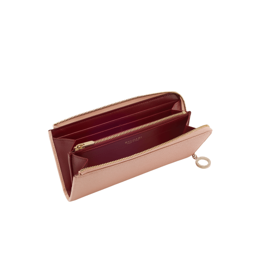 BULGARI BULGARI large L-shaped zipped wallet in bright, anemone spinel pinkish-red grained calf leather with primrose quartz pink nappa leather interior. Zip-around closure with iconic light gold-plated zip puller. 579-WLT-MZP-SLIM-Lc image 2