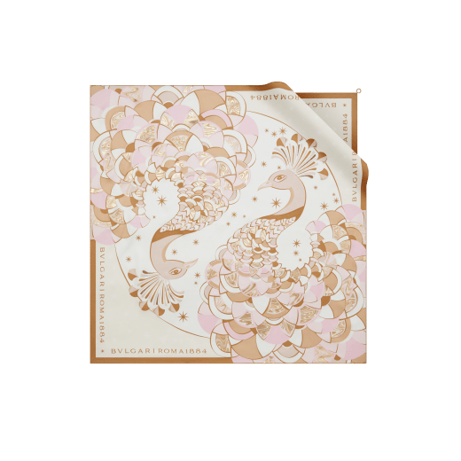 Peacock Lux scarf in fine light pink silk twill with a Bvlgari Bvlgari metal pendant. Made of 100% silk. PEACOCKLUX-SQ image 1