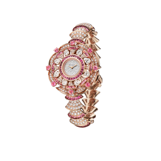 DIVAS' DREAM watch with 18 kt rose gold case set with brilliant-cut diamonds and rubellites, and buff-cut rubellites, snow pavé dial and 18 kt rose gold bracelet set with brilliant-cut diamonds and buff-cut rubellites 102562 image 1