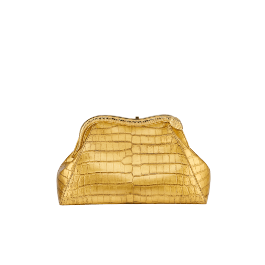 Serpentine medium pouch in antique gold soft metallic crocodile skin with 24 kt gold treatment and emerald green nappa leather lining. Captivating snake-shaped frame in gold-plated brass including 3 µ of 24 kt gold, embellished with engraved scales and red enamel eyes on one side and antique gold soft metallic crocodile insert on the other, and press-button closure. Exclusive Bulgari 50th anniversary in the US Edition. 292590 image 1