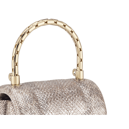 Serpenti Reverse micro top handle bag in white agate metallic karung skin with black nappa leather lining. Captivating snakehead magnetic closure in light gold-plated brass embellished with red enamel eyes. 293440 image 6