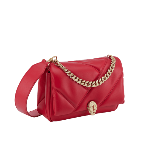 "Serpenti Cabochon" small maxi chain crossbody bag in soft quilted Blush Quartz pink calf leather, with a maxi graphic motif, and Deep Garnet burgundy nappa leather internal lining. New Serpenti head closure in gold plated brass, finished with small pink mother-of pearl scales in the middle and red enamel eyes. 1165-NSM image 2