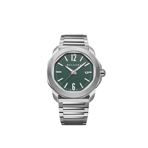 Octo Roma watch in satin-brushed and polished stainless steel with additional interchangeable green rubber strap and green Clous de Paris dial. Mechanical manufacture movement with automatic winding. Water-resistant up to 100 metres. 104091 image 1