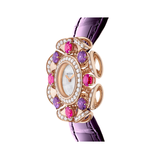 DIVAS' DREAM watch with 18 kt rose gold case set with round brilliant-cut diamonds, amethysts and tourmaliness, white mother-of-pearl dial and purple alligator bracelet. Water resistant up to 30 metres 103753 image 3