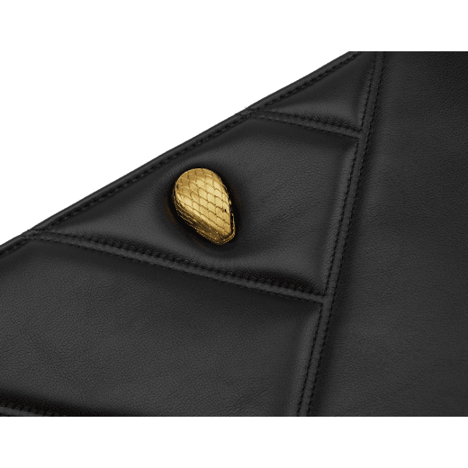 Serpenti Cabochon clutch in linden peridot yellowish green soft calf leather with a maxi matelassé pattern and moon rock light grey nappa leather interior. The clutch features a captivating snakehead rivet in light gold-plated brass embellished with red enamel eyes, zip closure. SCB-POUCHCABOCHON image 4