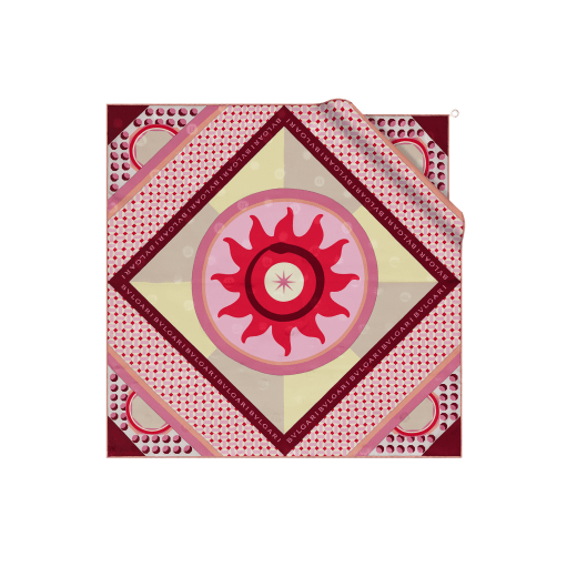 Wheel of the Sun scarf in fine, printed pink silk twill with a BULGARI BULGARI metal pendant. WHEELOFSUN image 1
