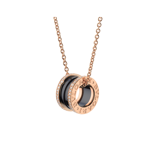 B.zero1 necklace with 18 kt rose gold chain and round pendant with two 18 kt rose gold loops set with pavé diamonds on the edges and a black ceramic spiral. 350056 image 1