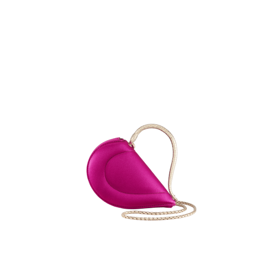 Serpenti Cuoricino mini top handle bag in magenta satin with magenta nappa leather lining. Captivating snake body-shaped top handle in light gold-plated brass embellished with engraved scales; press-button closure. SRN-001-1366XS image 1