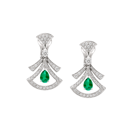 DIVAS' DREAM 18 kt white gold openwork earring set with pear-shaped emeralds, round brilliant-cut and pavé diamonds. 356956 image 1