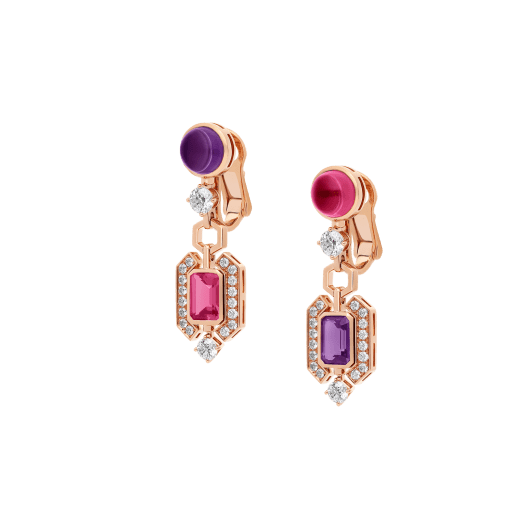 Allegra 18 kt rose gold pendant earrings set with pink tourmalines, amethysts and pavé diamonds 360651 image 2