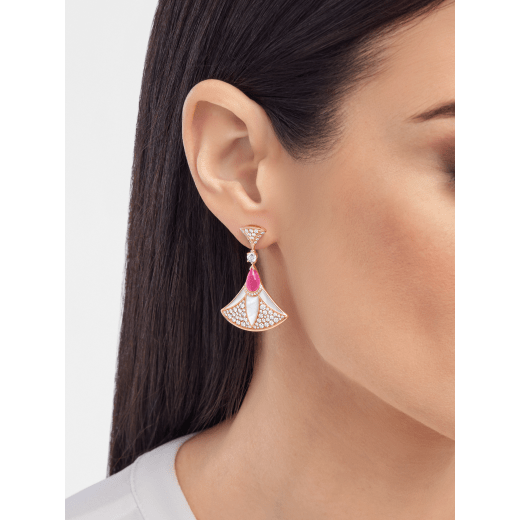 DIVAS' DREAM earrings in 18 kt rose gold set with pear-shaped rubellites, mother-of-pearl elements and pavé diamonds 360699 image 1