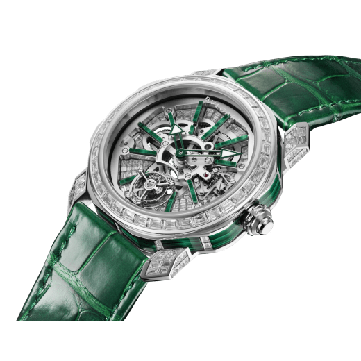 Octo Roma Naturalia watch with mechanical manufacture movement with manual winding, flying tourbillon set with diamonds, malachite bar indexes, platinum case and malachite middle case set with diamonds, spider web setting on the bridges with baguette-cut diamonds and green rubber bracelet. Water-resistant up to 50 metres 103828 image 2