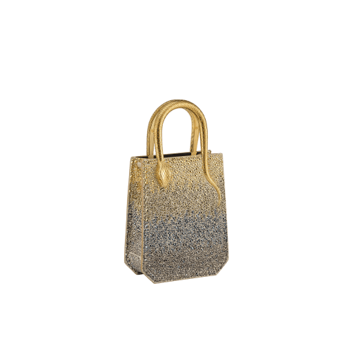Serpentine mini tote bag in natural suede with different-size degradé gold crystals and black nappa leather lining. Captivating snake body-shaped handles in gold-plated brass embellished with engraved scales and red enamel eyes. 292824 image 2