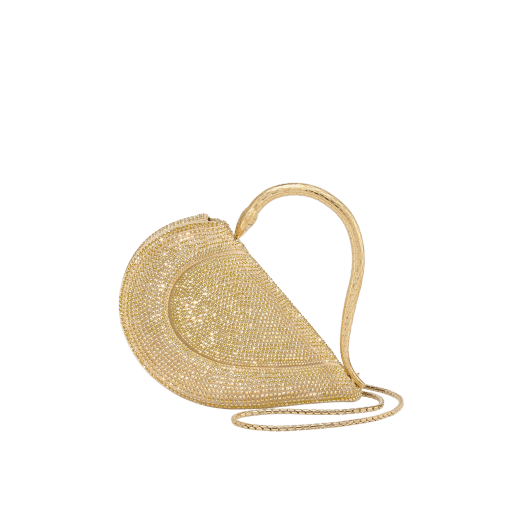 Serpenti Cuore 1968 top handle bag with gold Neige Pavé Crystals applied on a suede base and bright travertino nappa internal lining. Captivating snake body-shaped top handle in gold-plated brass embellished with engraved scales and zirconia eyes; press-button closure. SRN-001-1326S-CRYS image 1