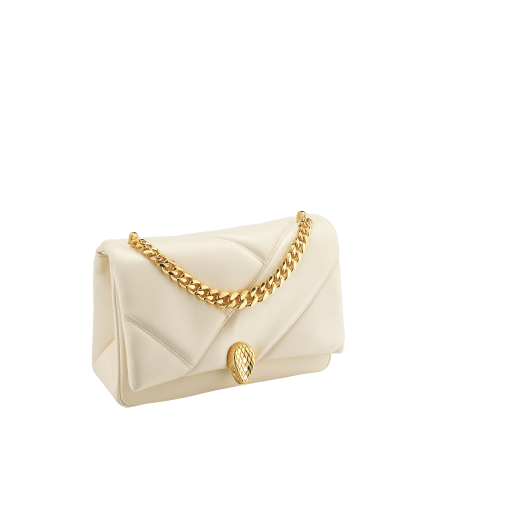 "Serpenti Cabochon" small maxi chain crossbody bag in soft quilted Ivory Opal white calf leather, with a maxi graphic motif, and black nappa leather internal lining. New Serpenti head closure in gold plated brass, finished with small white mother-of pearl scales in the middle and red enamel eyes. 1165-NSMb image 2