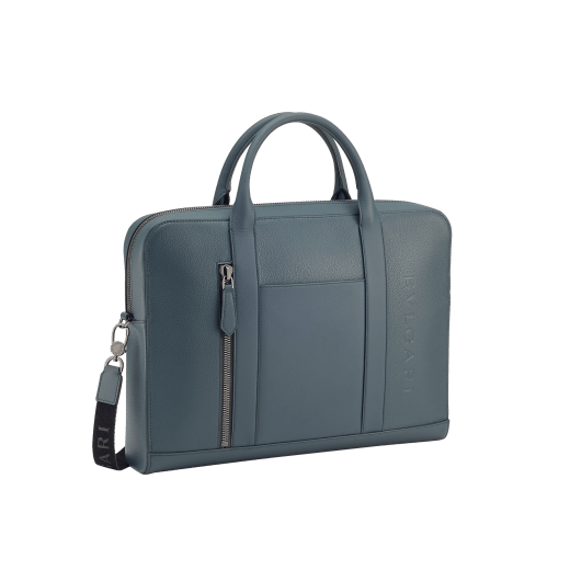 BULGARI Man medium briefcase in black smooth and grainy metal-free calf leather with Olympian sapphire blue regenerated nylon (ECONYL®) lining. Dark ruthenium-plated brass hardware, hot stamped BULGARI logo and zipped closure. BMA-1210-CL image 2