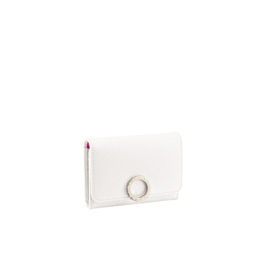 Business card holder in ruby red bright grain calf leather, desert quartz nappa and fuxia nappa lining. Iconic brass light gold plated clip featuring the BVLGARI BVLGARI motif. 579-BC-HOLDER-BGCLa image 1