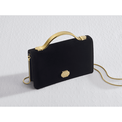 Tubogas Top Handle bag in black velvet with black nappa leather lining. Iconic Tubogas handle in gold-finished brass with Parentesi details and clasp closure, both set with zirconia. 295644 image 5