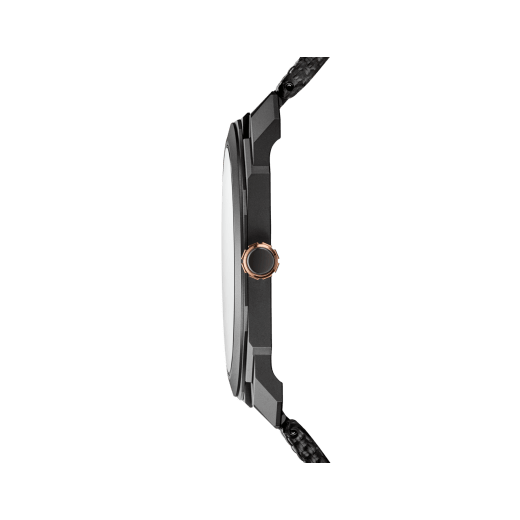 Octo Finissimo Tourbillon Skeleton watch with mechanical manufacture ultra-thin movement (1.95 mm thick), manual winding and flying tourbillon, sandblasted titanium case with black DLC, openwork dial and black rubber bracelet. Water-resistant up to 30 metres. 103984 image 3