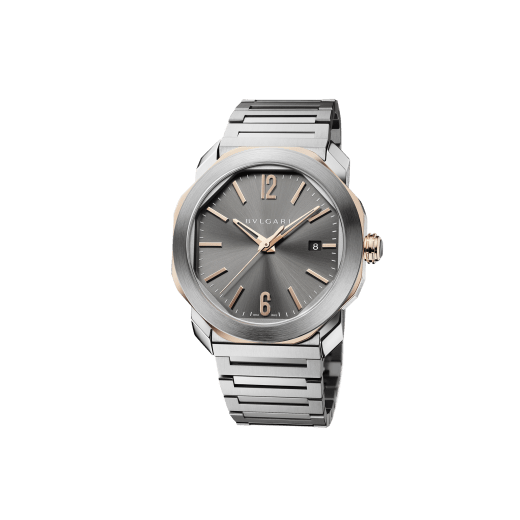 Octo Roma watch with mechanical manufacture movement, automatic winding and date, stainless steel case, 18 kt rose gold octagon, transparent case back, anthracite dial and stainless steel bracelet 103083 image 2