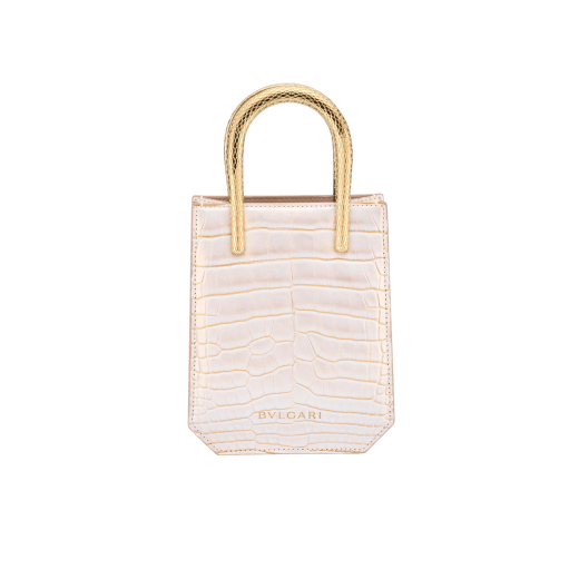 Serpentine mini tote bag in white Moonpearl alligator skin with crystal rose nappa leather lining. Captivating snake body-shaped handles in light gold-plated brass embellished with engraved scales and red enamel eyes. 293444 image 3
