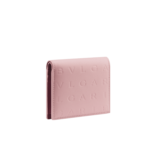 Bulgari Logo compact wallet in primrose quartz pink calf leather with hot-stamped Infinitum pattern all over and anemone spinel pinkish-red nappa leather interior. Light gold-plated brass hardware and press-stud closure. BVL-COMPACTWLTa image 1