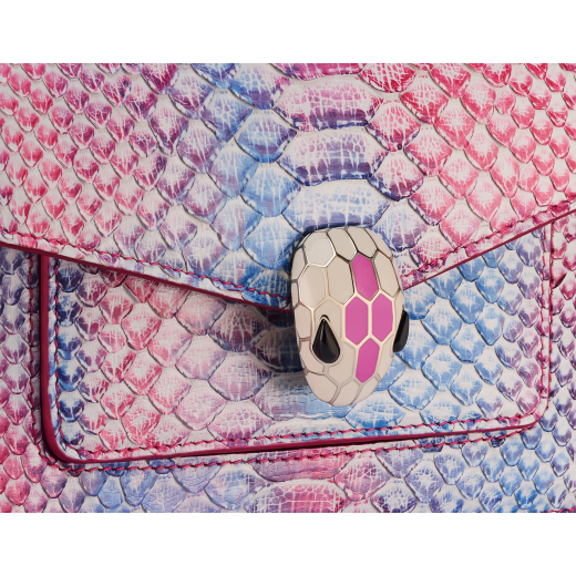 Serpenti Forever small crossbody bag in multicolour Spring Shade python skin with azalea quartz pink nappa leather lining. Captivating magnetic snakehead closure in light gold-plated brass embellished with ivory opal and azalea quartz pink enamel scales and black onyx eyes. 292138 image 5