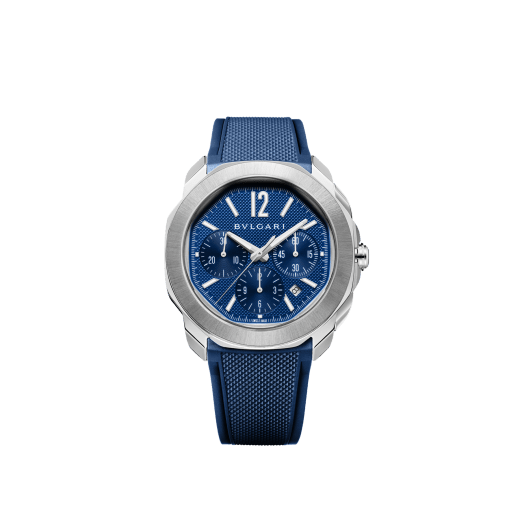 Octo Roma Chronograph watch with mechanical manufacture movement, automatic winding and chronograph functions, satin-brushed and polished stainless steel case and interchangeable bracelet, blue Clous de Paris dial. Water-resistant up to 100 metres. 103829 image 5